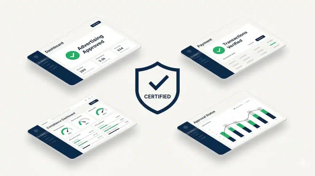 LegitScript Healthcare Merchant Certification compliance dashboard showing advertising approved, transactions verified, compliance monitoring, and approval status for healthcare merchants through USA Payments