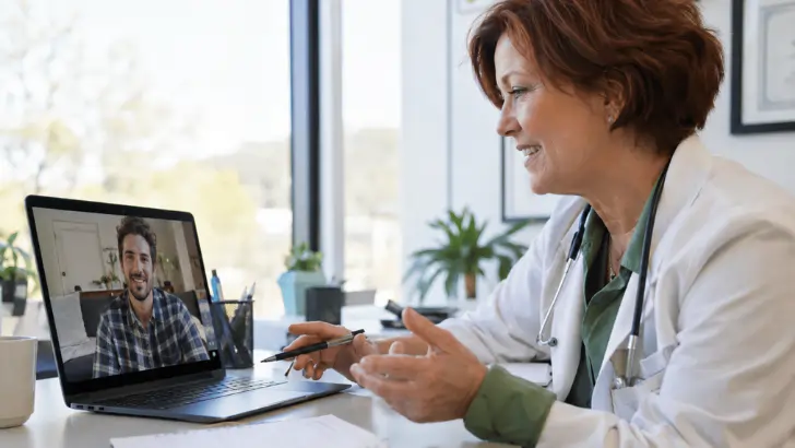 Doctor conducting a telehealth video call with a patient on a laptop, illustrating pay by bank for healthcare and telehealth.