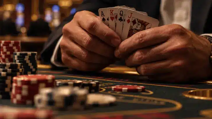 Hands holding a royal flush poker hand at a casino table with chips, illustrating pay by bank for high-risk businesses.