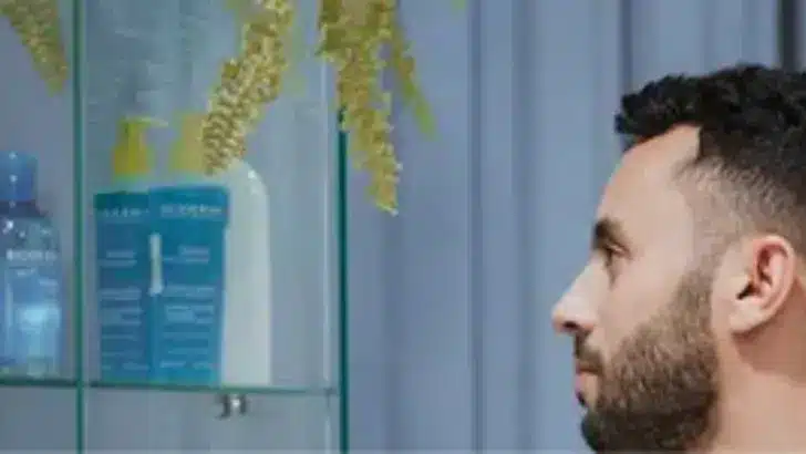 Pharmacist beside a refrigerated medication cabinet in a compounding pharmacy