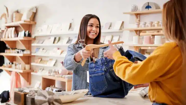 Small retail business owner handing a customer a pair of denim overalls during an in-store checkout at the boutique counter.