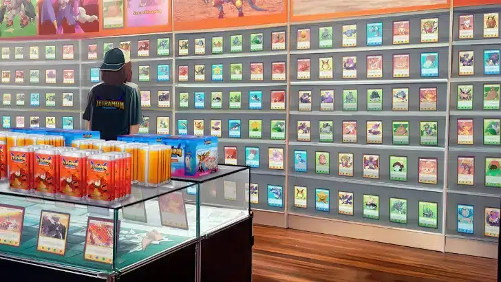 Trading card shop with walls of TCG singles on display and a glass counter stocked with booster boxes