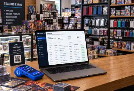 Card shop counter with a POS terminal and laptop sales dashboard ready for high-volume release day transactions