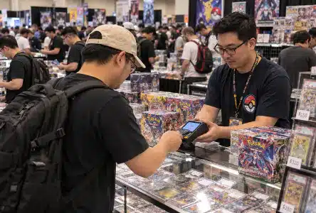 Card shop team selling trading cards from a vendor table at a busy card show