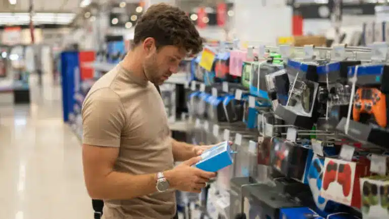 Customer browsing products in the aisle of a hobby and game store