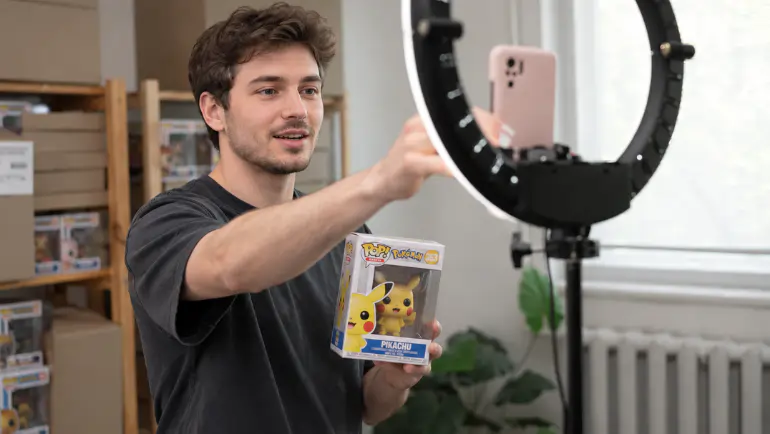 Live seller holding up a collectible figure to a phone on a ring light during a livestream sale