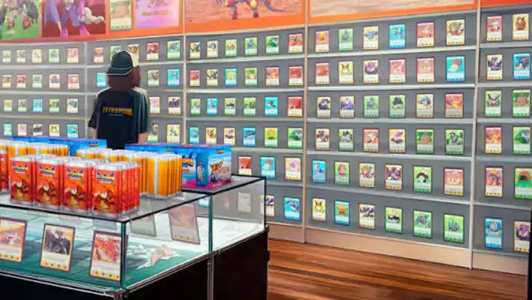 Trading card shop with walls of TCG singles and a glass display case of sealed booster boxes